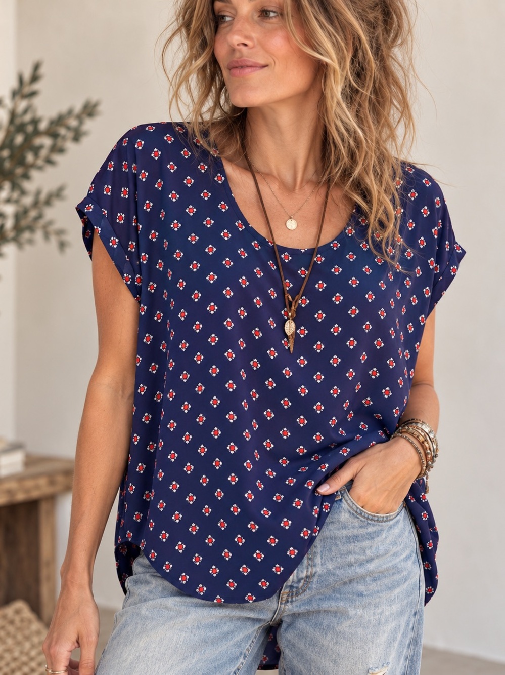 Anthropologie Pleione Navy Floral Oversized High Low Blouse
